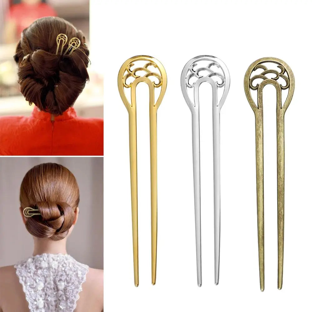 Fashion Alloy Hair Care Styling Tools Metal Hair Stick Hairpin Double wavy flower U-shaped hairpin