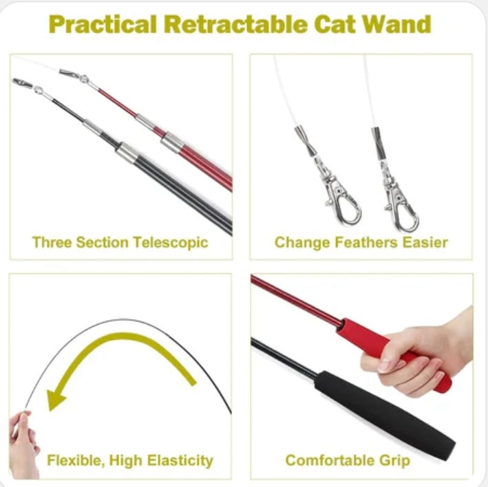 Flexible 3-Section Telescopic Cat Teaser – Premium Comfort-Grip Wand with Quick-Release Feather Clasps