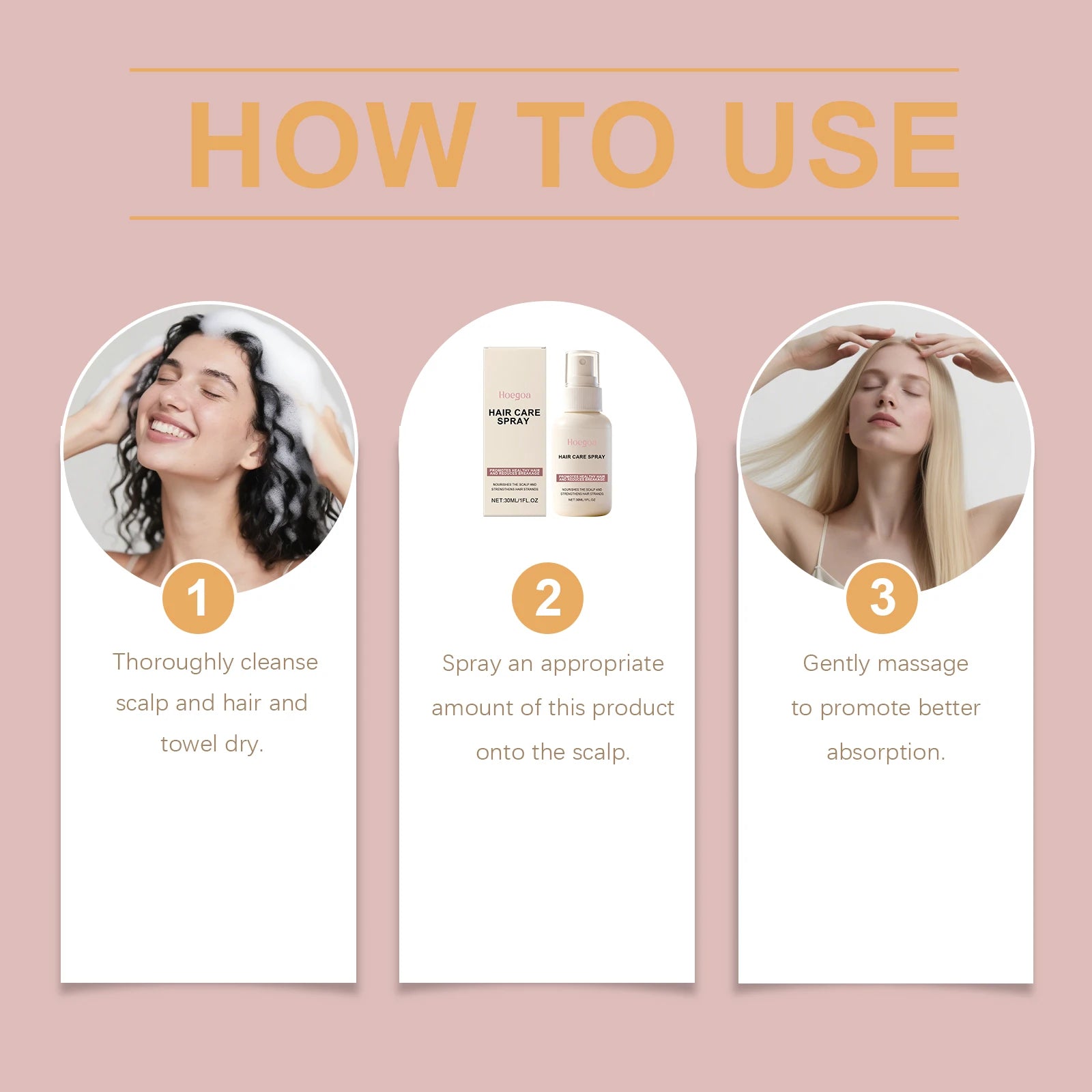 Hair care spray, gently nourishes the scalp, strengthens hair, adds shine, smoothness, and freshness, protects hair.