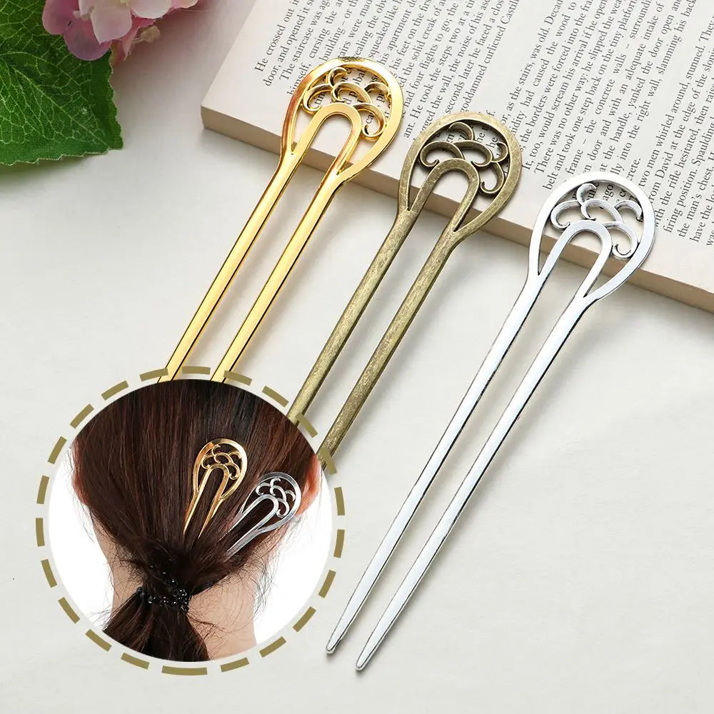 Fashion Alloy Hair Care Styling Tools Metal Hair Stick Hairpin Double wavy flower U-shaped hairpin