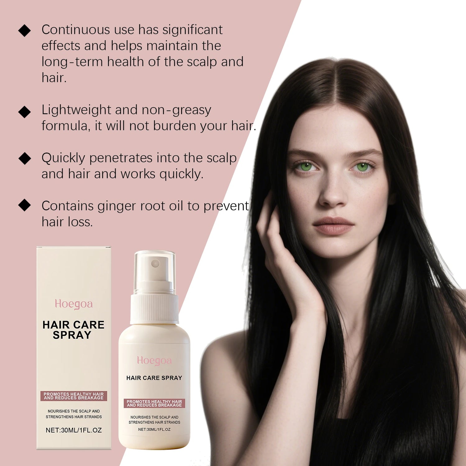 Hair care spray, gently nourishes the scalp, strengthens hair, adds shine, smoothness, and freshness, protects hair.