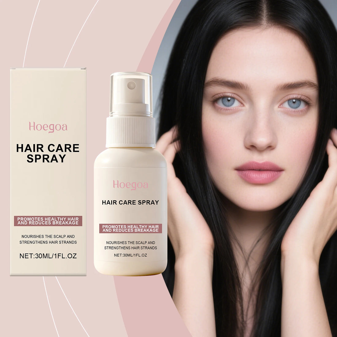 Hair care spray, gently nourishes the scalp, strengthens hair, adds shine, smoothness, and freshness, protects hair.